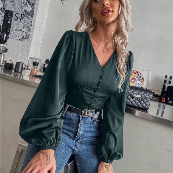 Rust V neck button down balloon sleeve blouse - Picture 3 of 9